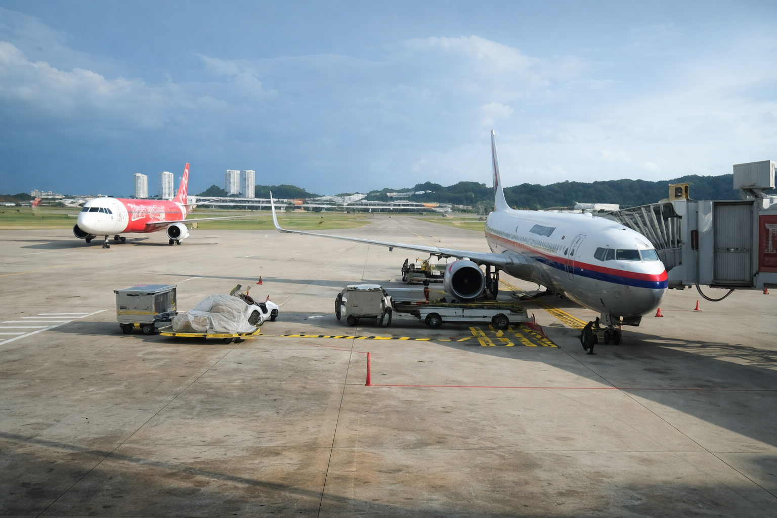 Distorted and partially obscured image showing a computer screen overlaying a view of Penang International Airport terminal in the background.
