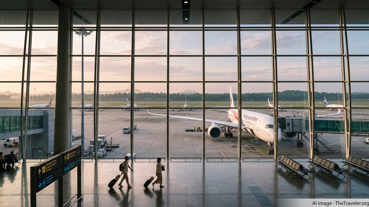 Passengers walking inside Kuala Lumpur International Airport terminal with large glass windows, airplanes parked on the runway, and a scenic sunset view outside.