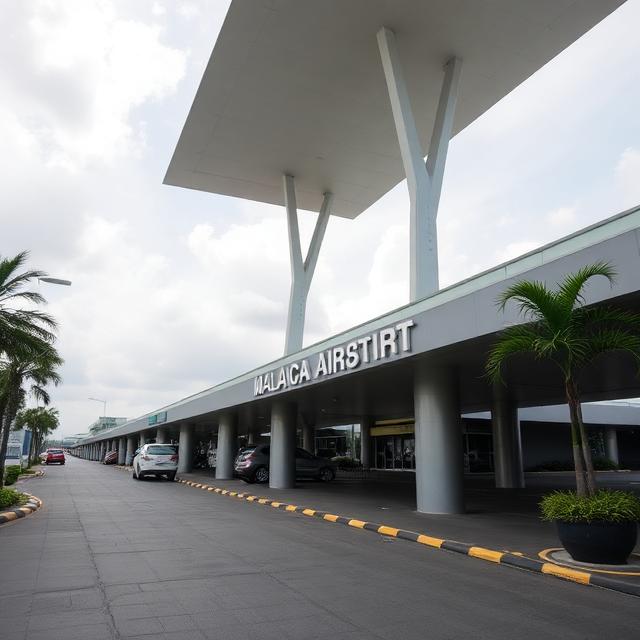 Passenger walking through the modern departure corridor at Malacca Airport with directional signage and glass interiors