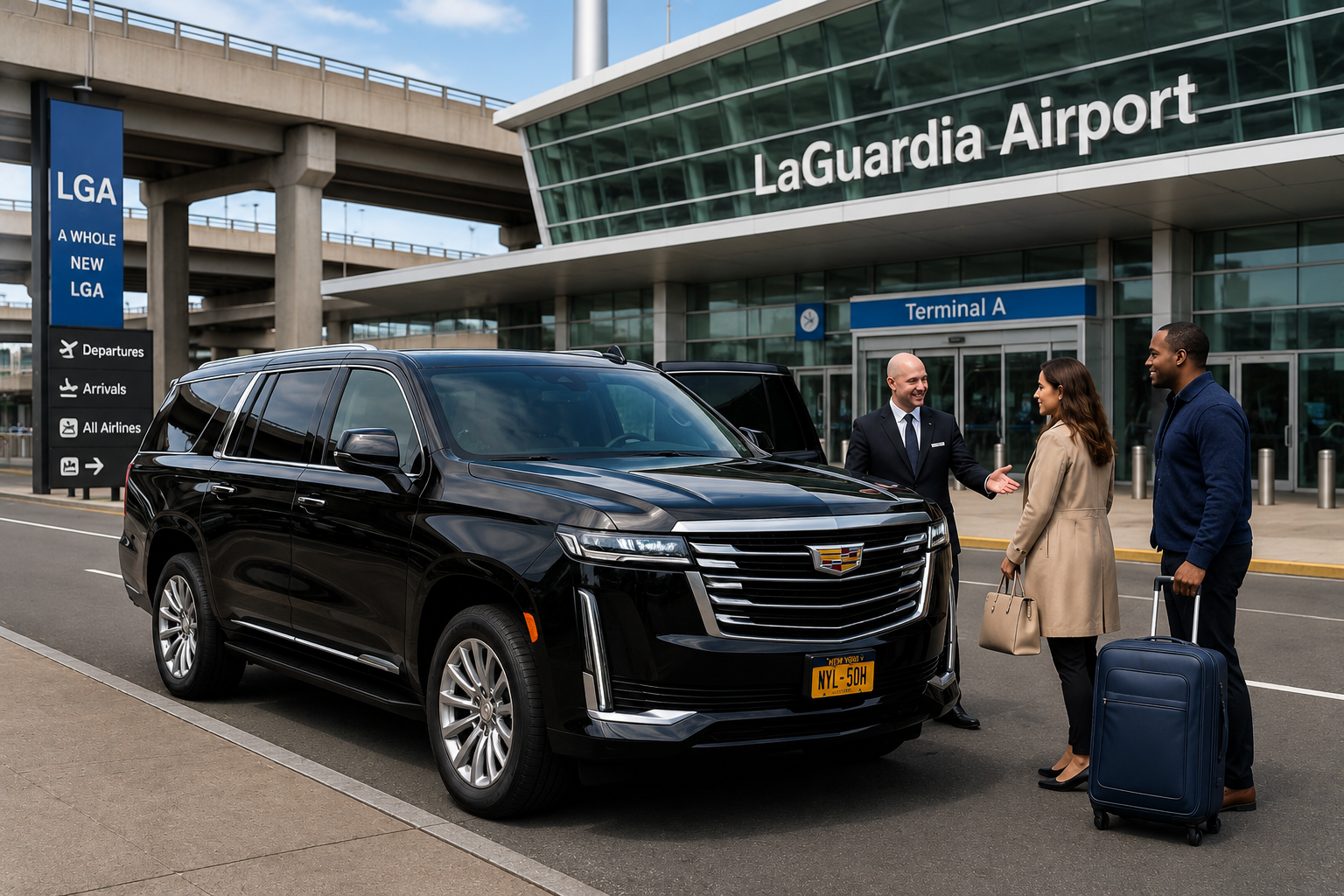 VIP travelers arriving at LaGuardia Airport with luxury airport transfer and chauffeur assistance outside Terminal A.