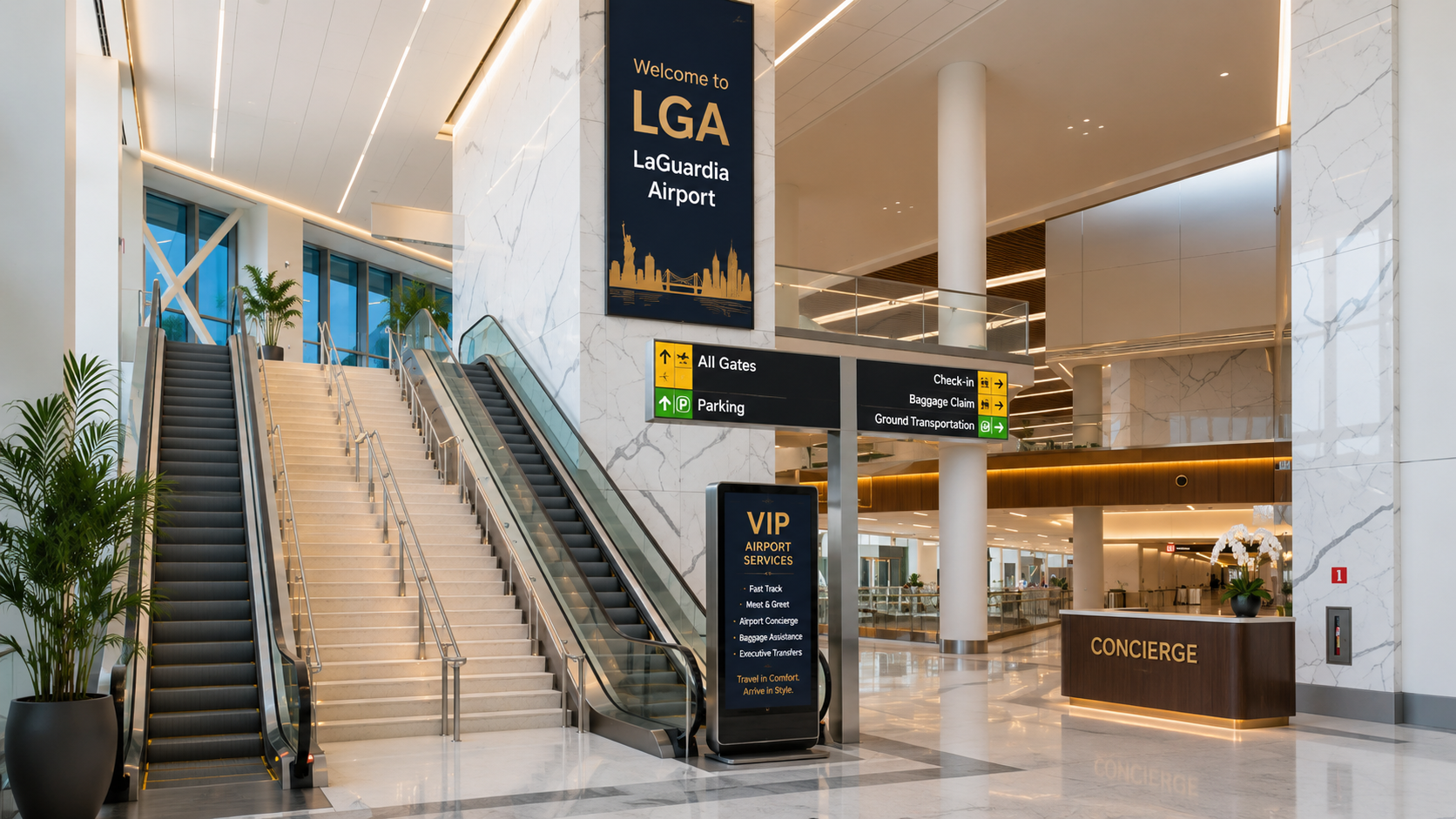 Modern LaGuardia Airport terminal interior featuring escalators, wayfinding signs, and VIP concierge service facilities.