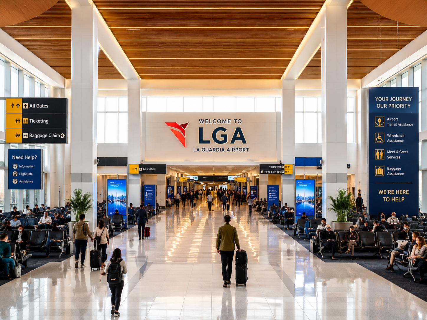 Travelers walking through a modern LaGuardia Airport terminal with transit assistance, seating areas, and directional signage.