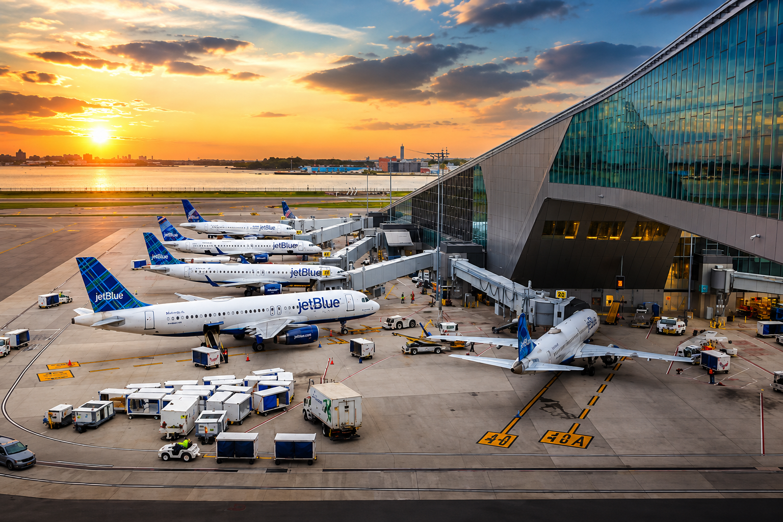 Multiple aircraft parked at LaGuardia Airport terminal with active ground support vehicles and modern airport facilities during sunset.