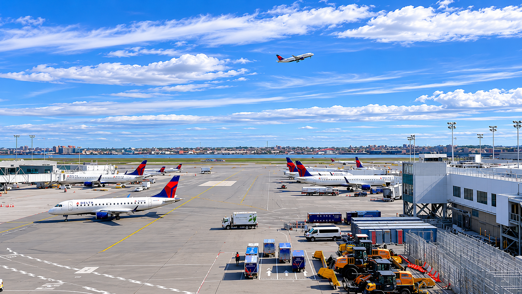 Wide view of LaGuardia Airport with multiple airplanes parked on the runway, airport service vehicles, and a flight taking off under a bright blue sky.